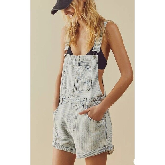 Free People We The Free Railroad Striped Ziggy Shortalls - Picture 2 of 13